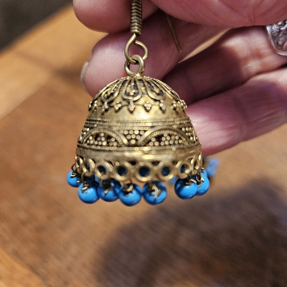 Jhumka Earrings with Turquoise Beads - Picture 3 of 7